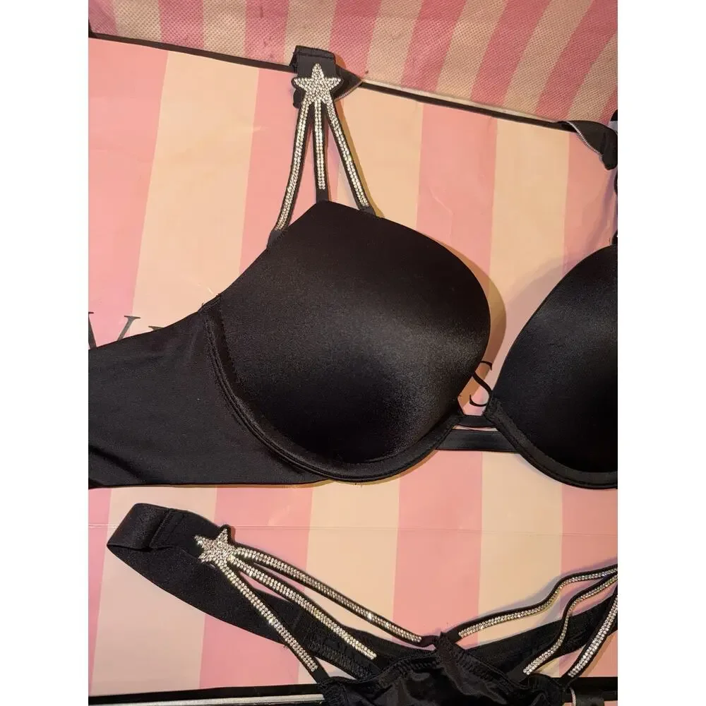 Victorias Secret Bra Push Up Shine Strap Shooting Star 32B Small Thong Black - Picture 6 of 8